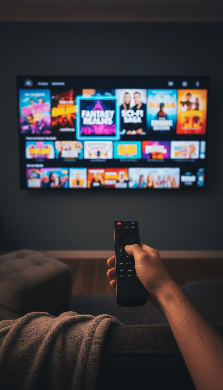 Hand holding remote selecting entertainment content on screen