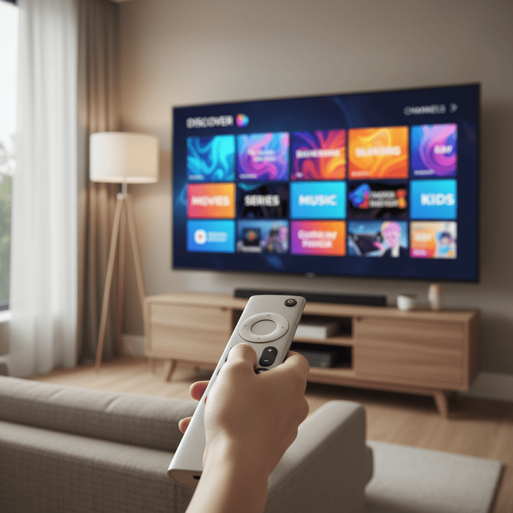 Close-up of hand holding remote control pointed at smart TV displaying colorful streaming interface with various content options