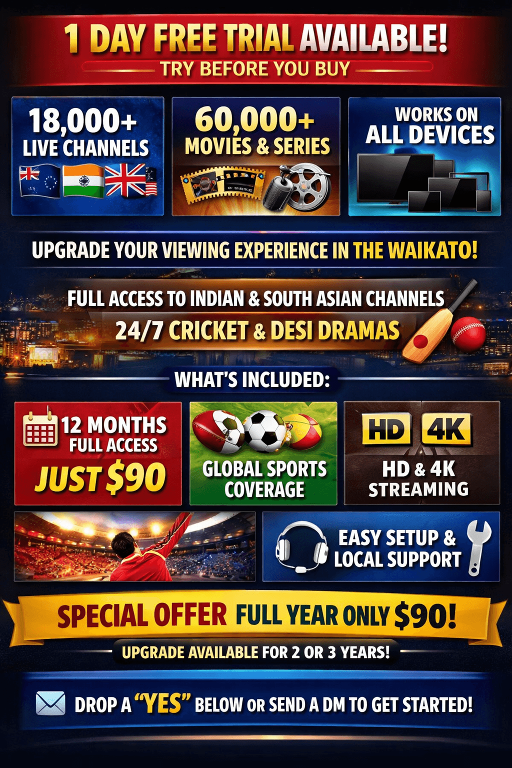 Streaming service flyer offering South Asian channels, live sports, and movies for $90 per year.