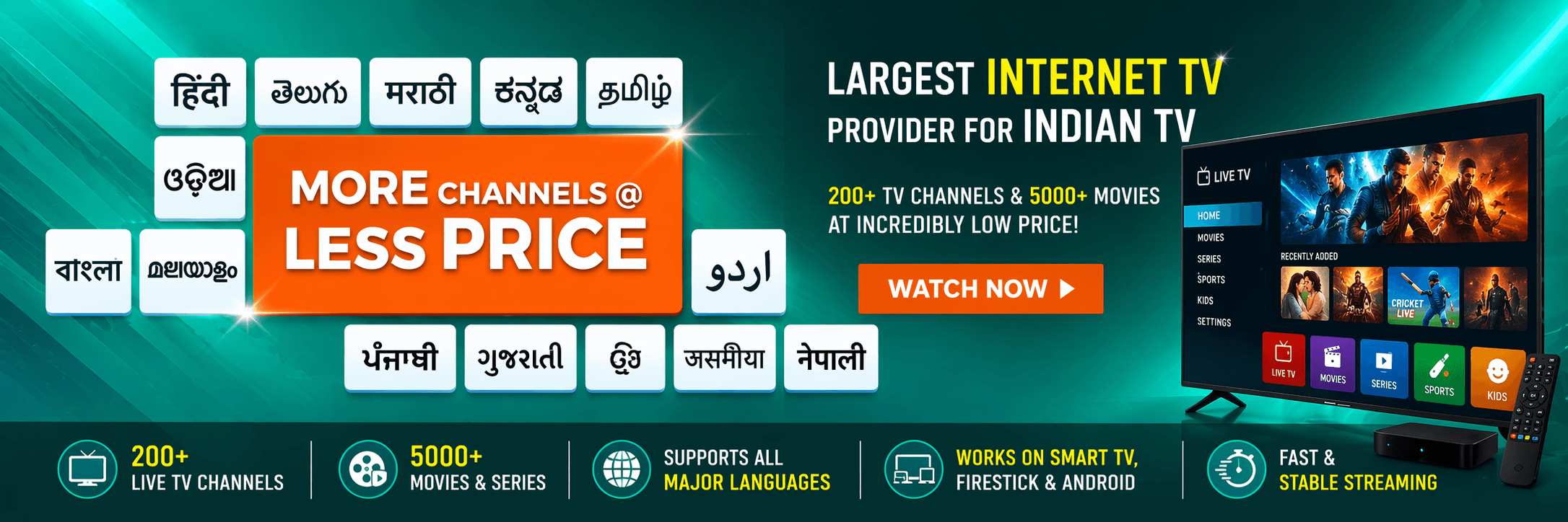 Banner for Indian internet TV service with 200+ channels, 5000+ movies, and multi-language support.