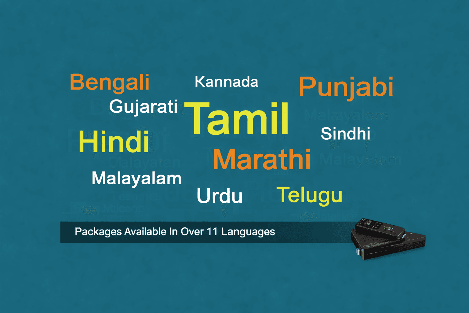 Indian language word cloud above a set-top box and text for 11 language packages.