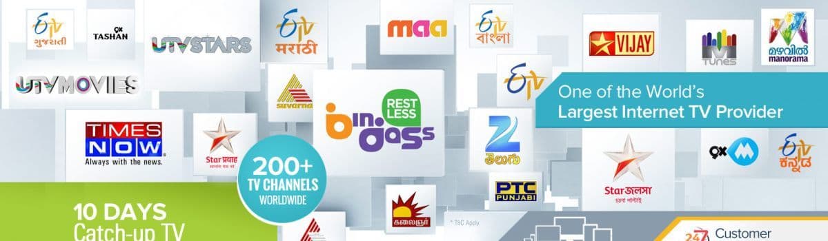 Collage of various TV channel logos promoting an internet TV provider with 200+ worldwide channels.